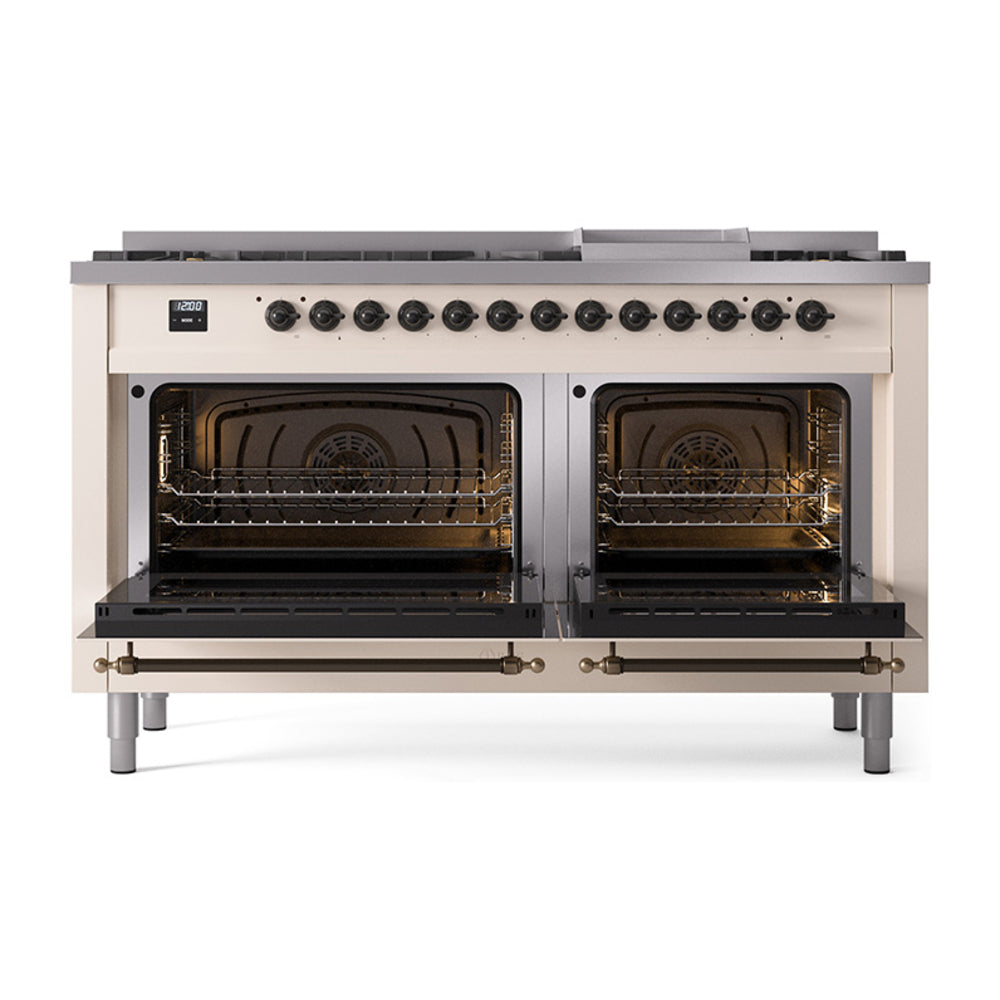 ILVE Nostalgie II 60-Inch Propane Dual Fuel Range, 9 Burners, Griddle, Solid Door Oven, Antique White with Bronze Trim (UP60FQNMPAWBLP)
