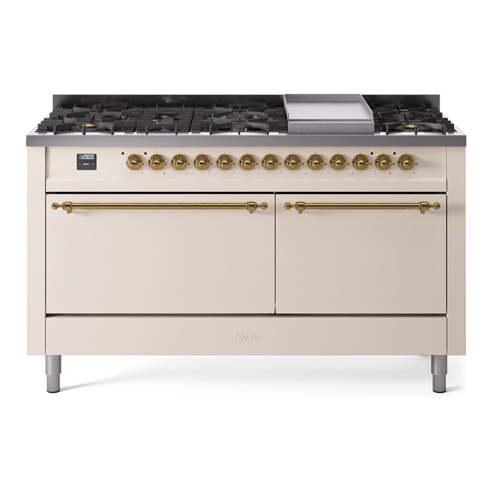 ILVE Nostalgie II 60-Inch Natural Gas Dual Fuel Range, 9 Burners, Griddle, Solid Door, Antique White with Brass Trim (UP60FQNMPAWG)