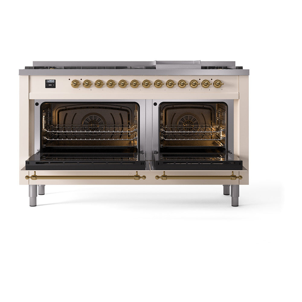 ILVE Nostalgie II 60-Inch Propane Dual Fuel Range, 9 Burners, Griddle, Solid Door Oven, Antique White with Brass Trim (UP60FQNMPAWGLP)