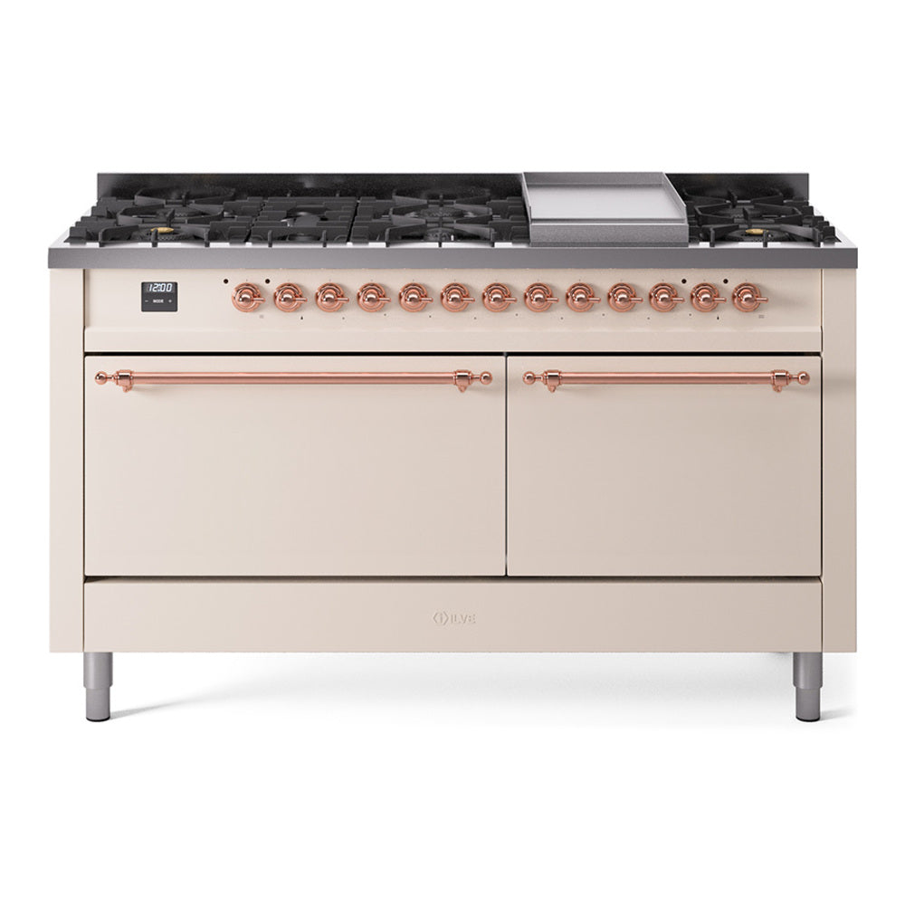 ILVE Nostalgie II 60-Inch Natural Gas Dual Fuel Range, 9 Burners, Griddle, Solid Door, Antique White with Copper Trim (UP60FQNMPAWP)