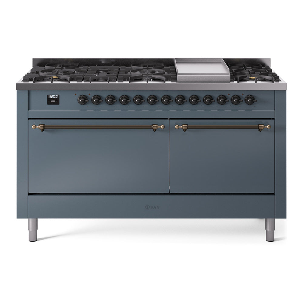 ILVE Nostalgie II 60-Inch Natural Gas Dual Fuel Range, 9 Burners, Griddle, Solid Door, Blue Grey with Burnished Bronze Trim (UP60FQNMPBGB)
