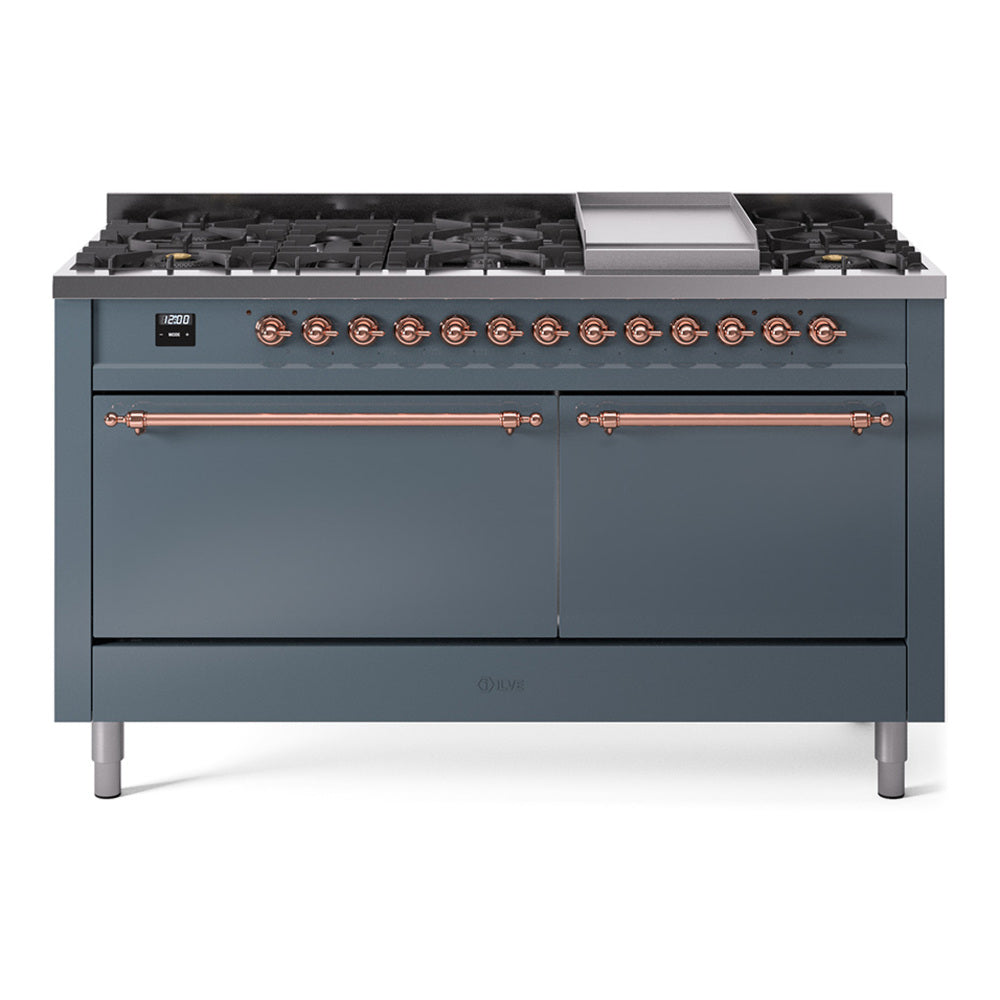 ILVE Nostalgie II 60-Inch Natural Gas Dual Fuel Range, 9 Burners, Griddle, Solid Door, Blue Grey with Copper Trim (UP60FQNMPBGP)