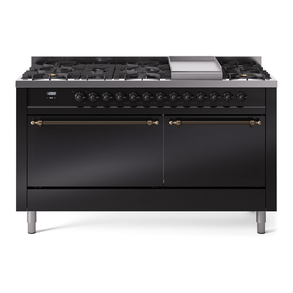 ILVE Nostalgie II 60-Inch Propane Dual Fuel Range, 9 Burners, Griddle, Solid Door Oven, Glossy Black with Bronze Trim (UP60FQNMPBKBLP)