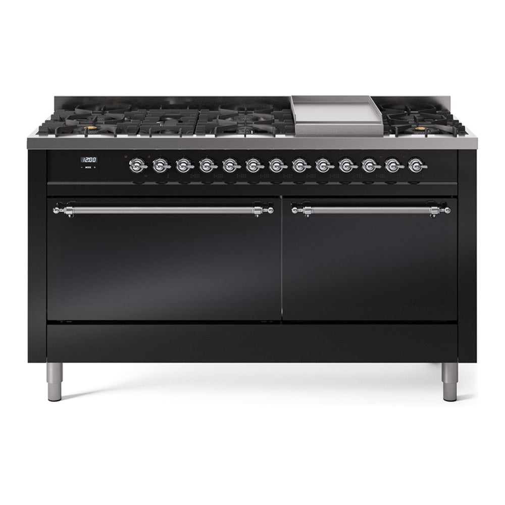 ILVE Nostalgie II 60-Inch Natural Gas Dual Fuel Range, 9 Burners, Griddle, Solid Door, Glossy Black with Chrome Trim (UP60FQNMPBKC)
