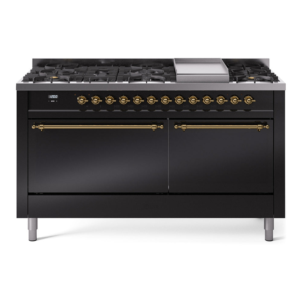 ILVE Nostalgie II 60-Inch Propane Dual Fuel Range, 9 Burners, Griddle, Solid Door Oven, Glossy Black with Brass Trim (UP60FQNMPBKGLP)