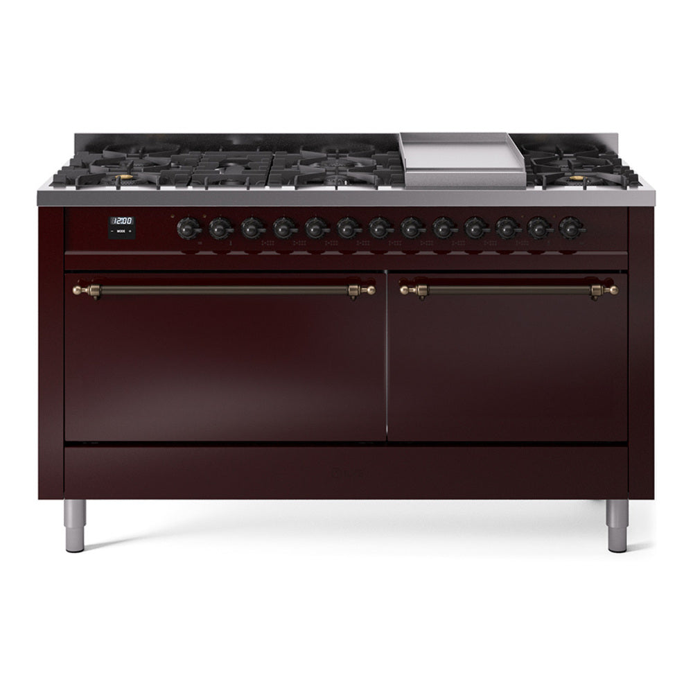 ILVE Nostalgie II 60-Inch Natural Gas Dual Fuel Range, 9 Burners, Griddle, Solid Door, Burgundy with Burnished Bronze Trim (UP60FQNMPBUB)