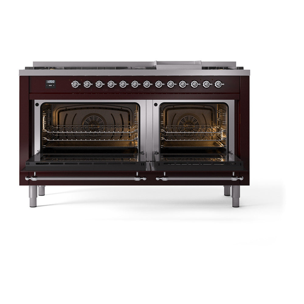 ILVE Nostalgie II 60-Inch Propane Dual Fuel Range, 9 Burners, Griddle, Solid Door Oven, Burgundy with Chrome Trim (UP60FQNMPBUCLP)