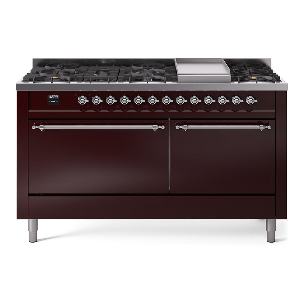 ILVE Nostalgie II 60-Inch Propane Dual Fuel Range, 9 Burners, Griddle, Solid Door Oven, Burgundy with Chrome Trim (UP60FQNMPBUCLP)