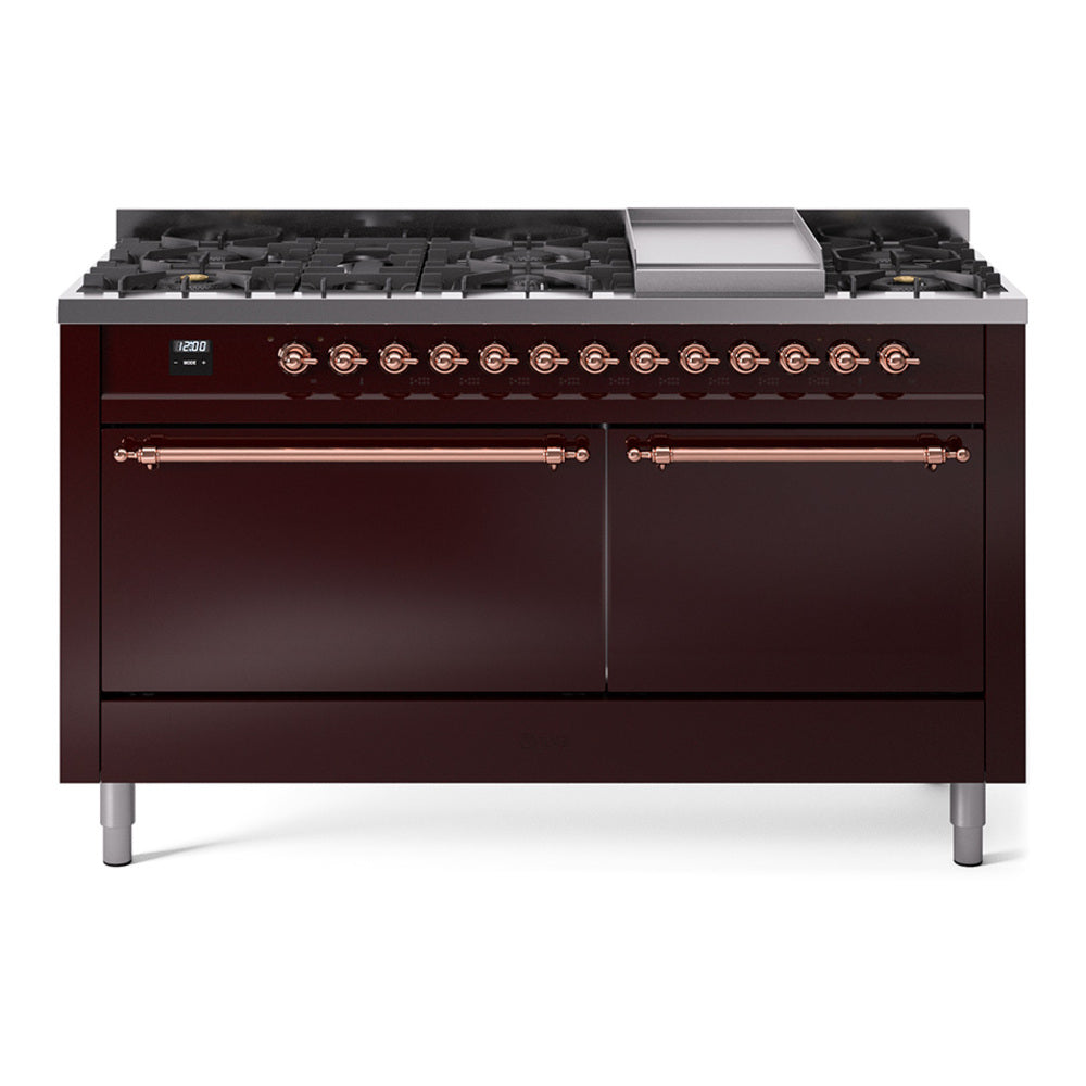 ILVE Nostalgie II 60-Inch Natural Gas Dual Fuel Range, 9 Burners, Griddle, Solid Door, Burgundy with Copper Trim (UP60FQNMPBUP)