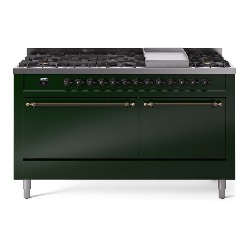 ILVE Nostalgie II 60-Inch Propane Dual Fuel Range, 9 Burners, Griddle, Solid Door Oven, Emerald Green with Bronze Trim (UP60FQNMPEGBLP)