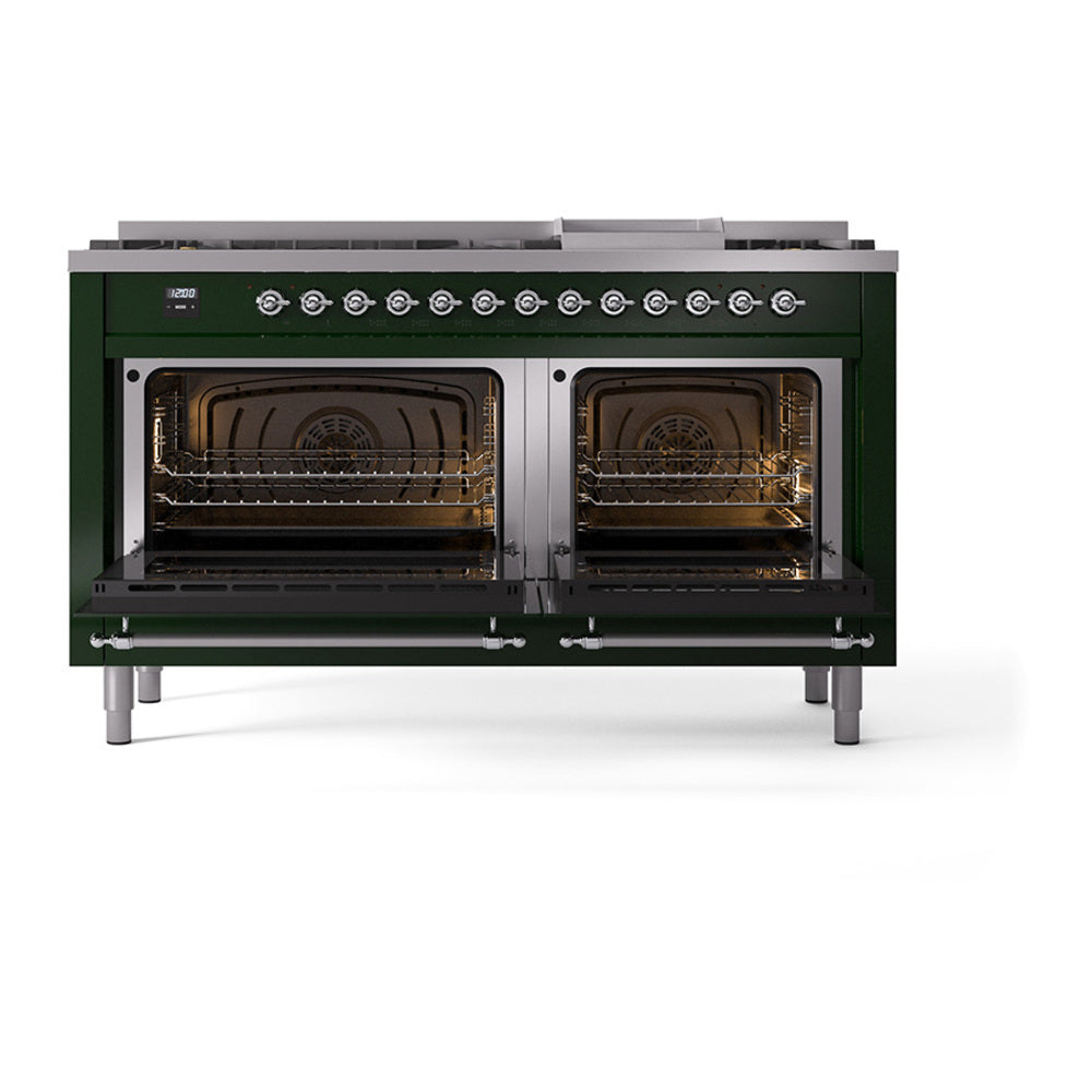 ILVE Nostalgie II 60-Inch Propane Dual Fuel Range, 9 Burners, Griddle, Solid Door Oven, Emerald Green with Chrome Trim (UP60FQNMPEGCLP)