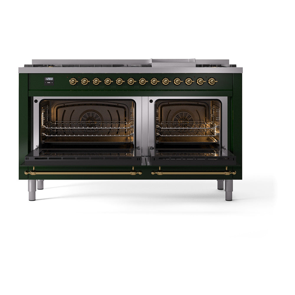 ILVE Nostalgie II 60-Inch Natural Gas Dual Fuel Range, 9 Burners, Griddle, Solid Door, Emerald Green with Brass Trim (UP60FQNMPEGG)