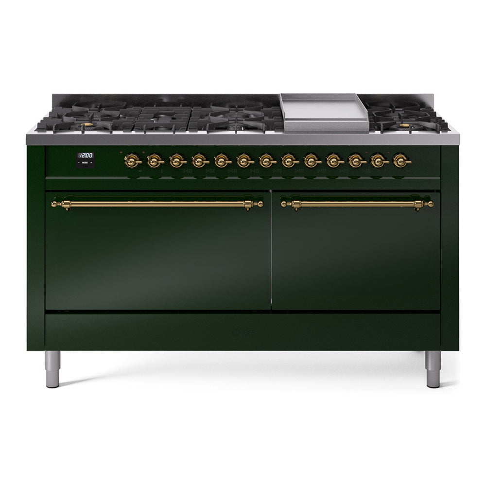 ILVE Nostalgie II 60-Inch Propane Dual Fuel Range, 9 Burners, Griddle, Solid Door Oven, Emerald Green with Brass Trim (UP60FQNMPEGGLP)