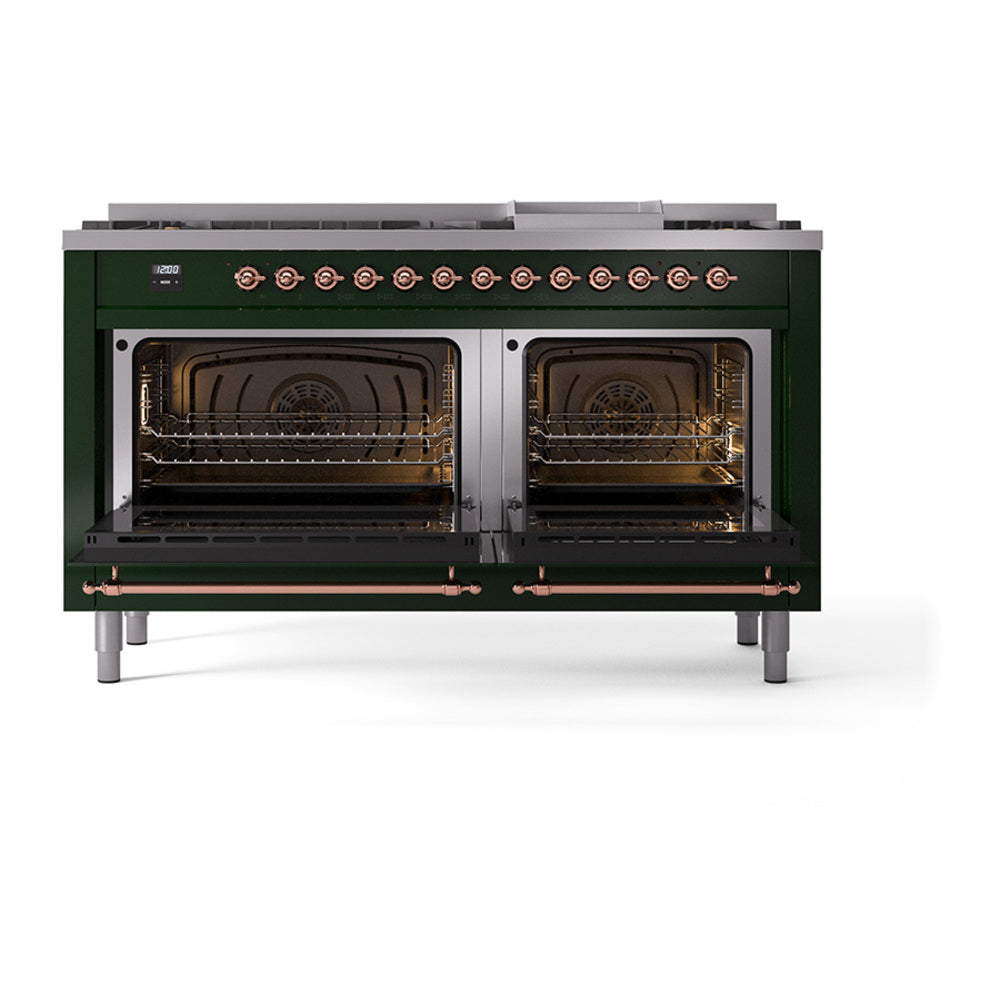 ILVE Nostalgie II 60-Inch Natural Gas Dual Fuel Range, 9 Burners, Griddle, Solid Door, Emerald Green with Copper Trim (UP60FQNMPEGP)