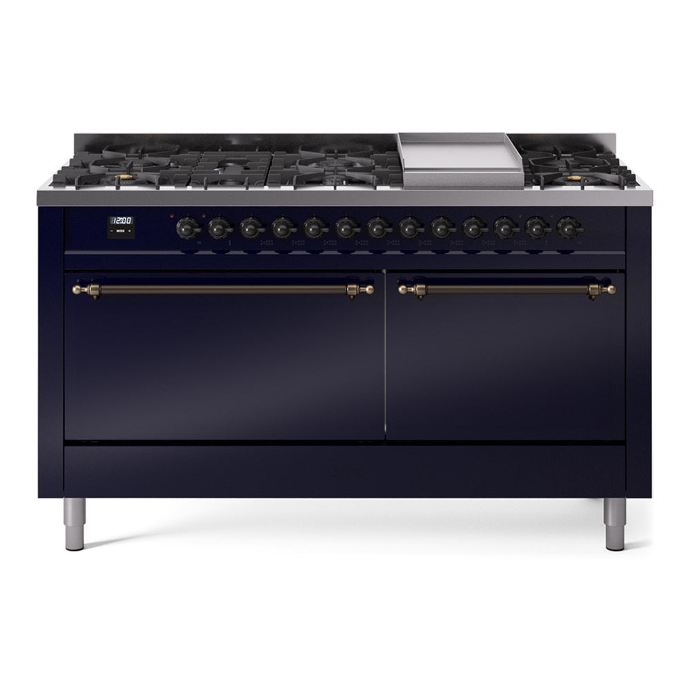 ILVE Nostalgie II 60-Inch Natural Gas Dual Fuel Range, 9 Burners, Griddle, Solid Door, Midnight Blue with Burnished Bronze Trim (UP60FQNMPMBB)