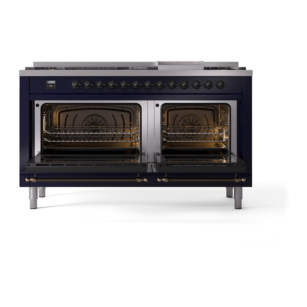 ILVE Nostalgie II 60-Inch Propane Dual Fuel Range, 9 Burners, Griddle, Solid Door Oven, Midnight Blue with Burnished Bronze Trim (UP60FQNMPMBBLP)