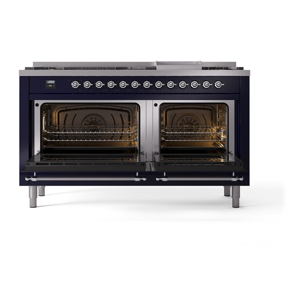 ILVE Nostalgie II 60-Inch Natural Gas Dual Fuel Range, 9 Burners, Griddle, Solid Door, Midnight Blue with Chrome Trim (UP60FQNMPMBC)