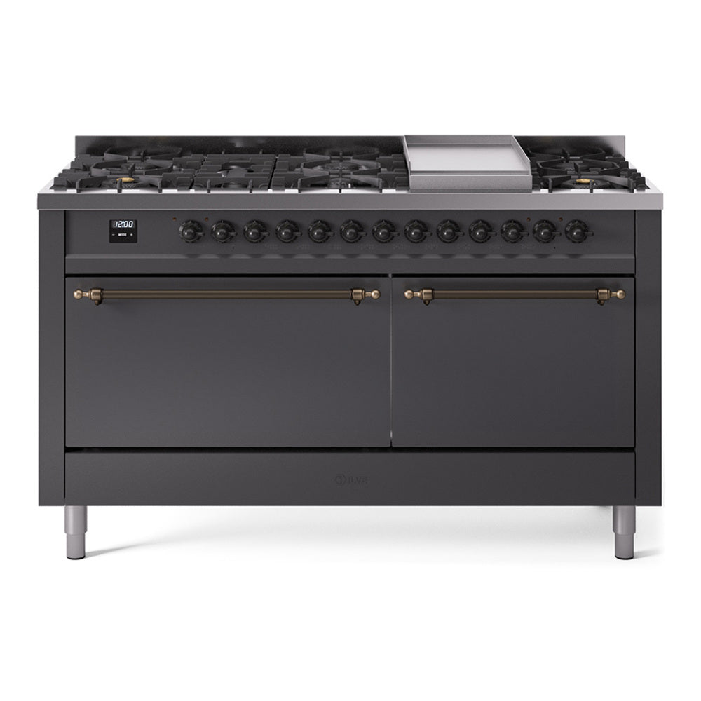 ILVE Nostalgie II 60-Inch Propane Dual Fuel Range, 9 Burners, Griddle, Solid Door Oven, Matte Graphite with Bronze Trim (UP60FQNMPMGBLP)