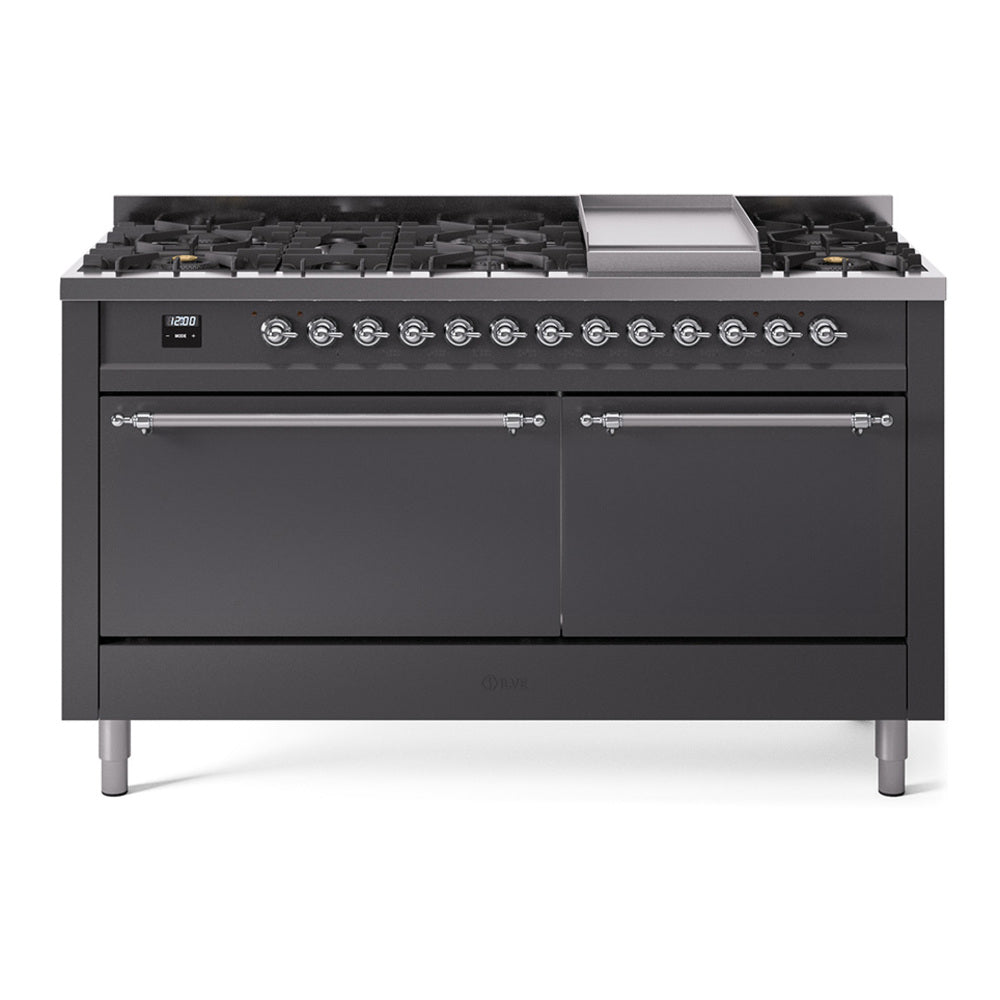 ILVE Nostalgie II 60-Inch Propane Dual Fuel Range, 9 Burners, Griddle, Solid Door Oven, Matte Graphite with Chrome Trim (UP60FQNMPMGCLP)