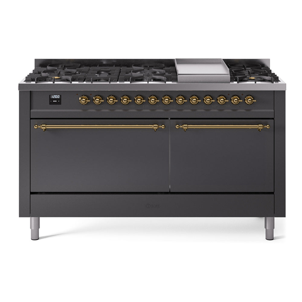 ILVE Nostalgie II 60-Inch Natural Gas Dual Fuel Range, 9 Burners, Griddle, Solid Door, Matte Graphite with Brass Trim (UP60FQNMPMGG)