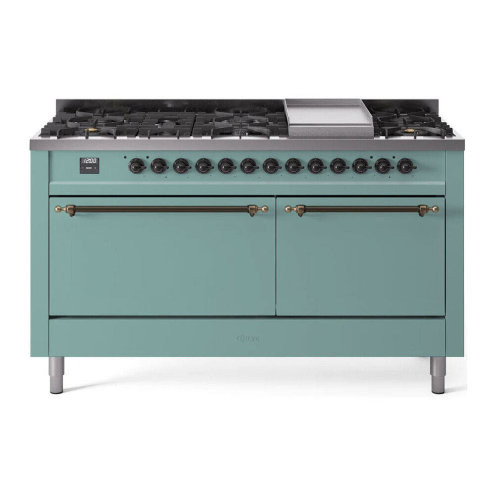 ILVE Nostalgie II 60-Inch Natural Gas Dual Fuel Range, 9 Burners, Griddle, Mediterranean Mint with Burnished Bronze Trim (UP60FQNMPMMB)