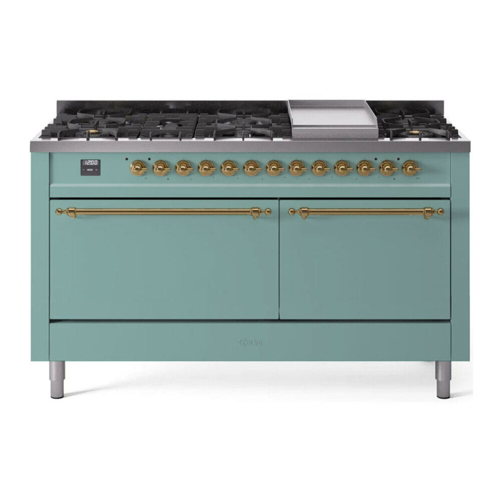 ILVE Nostalgie II 60-Inch Propane Dual Fuel Range, 9 Burners, Griddle, Solid Door Oven, Mediterranean Mint with Brass Trim (UP60FQNMPMMGLP)
