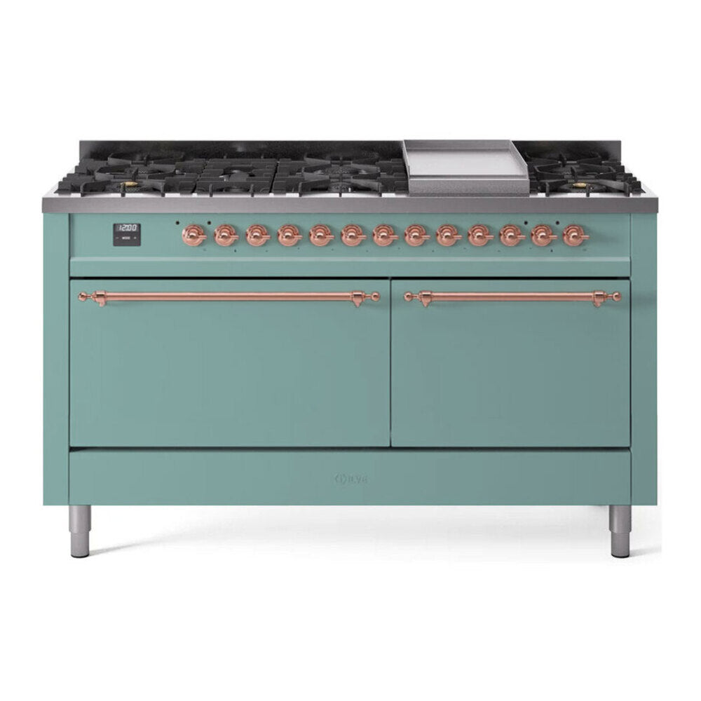 ILVE Nostalgie II 60-Inch Natural Gas Dual Fuel Range, 9 Burners, Griddle, Solid Door, Mediterranean Mint with Copper Trim (UP60FQNMPMMP)