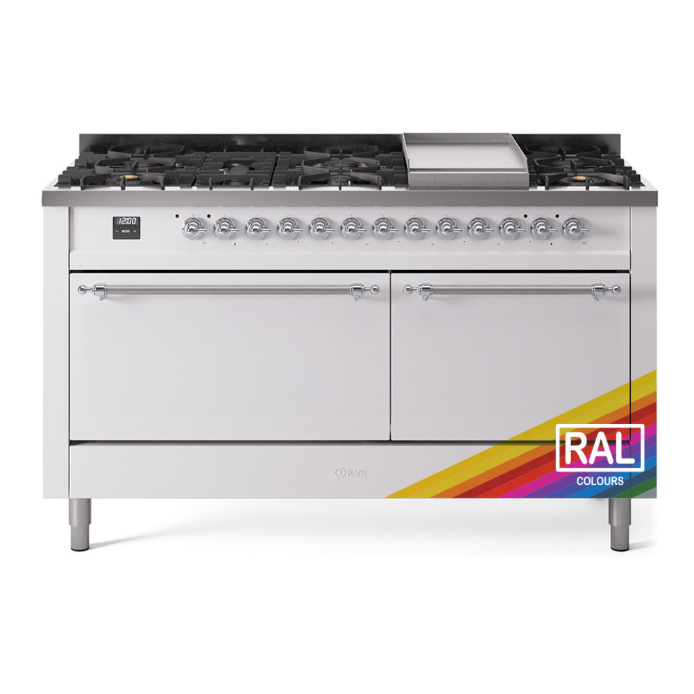 ILVE Nostalgie II 60-Inch Natural Gas Dual Fuel Range, 9 Burners, Griddle, Solid Door, Custom RAL with Chrome Trim (UP60FQNMPRAC)