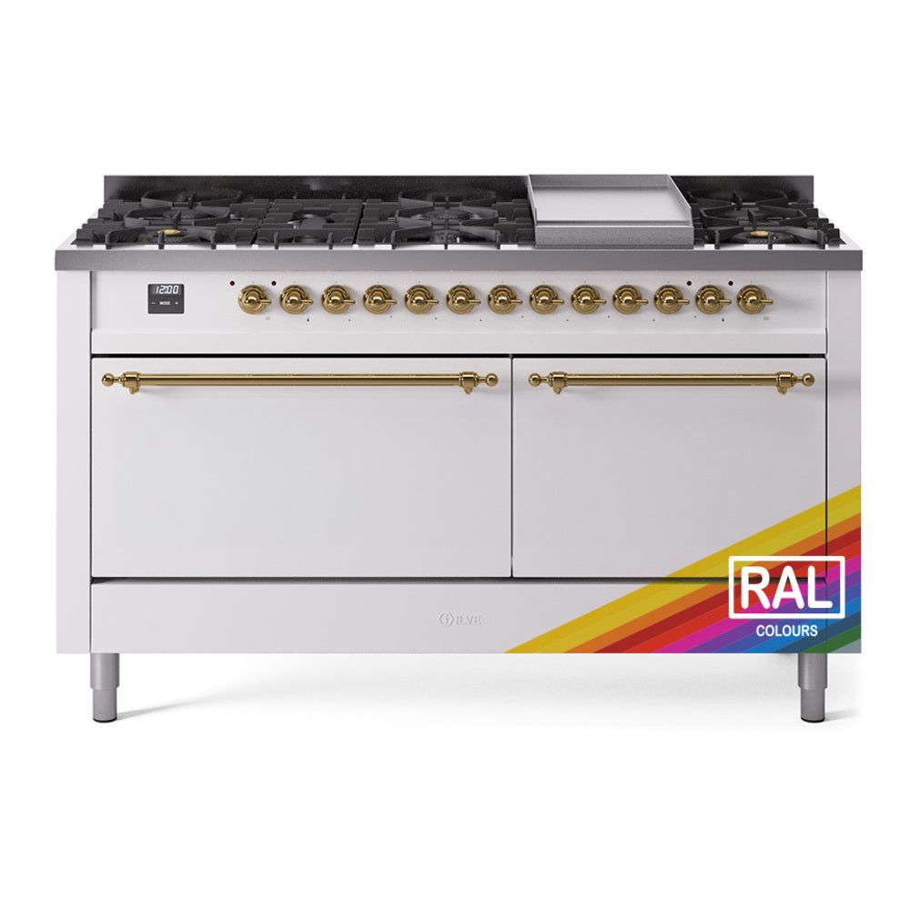 ILVE Nostalgie II 60-Inch Propane Dual Fuel Range, 9 Burners, Griddle, Solid Door Oven, Custom RAL with Brass Trim (UP60FQNMPRAGLP)