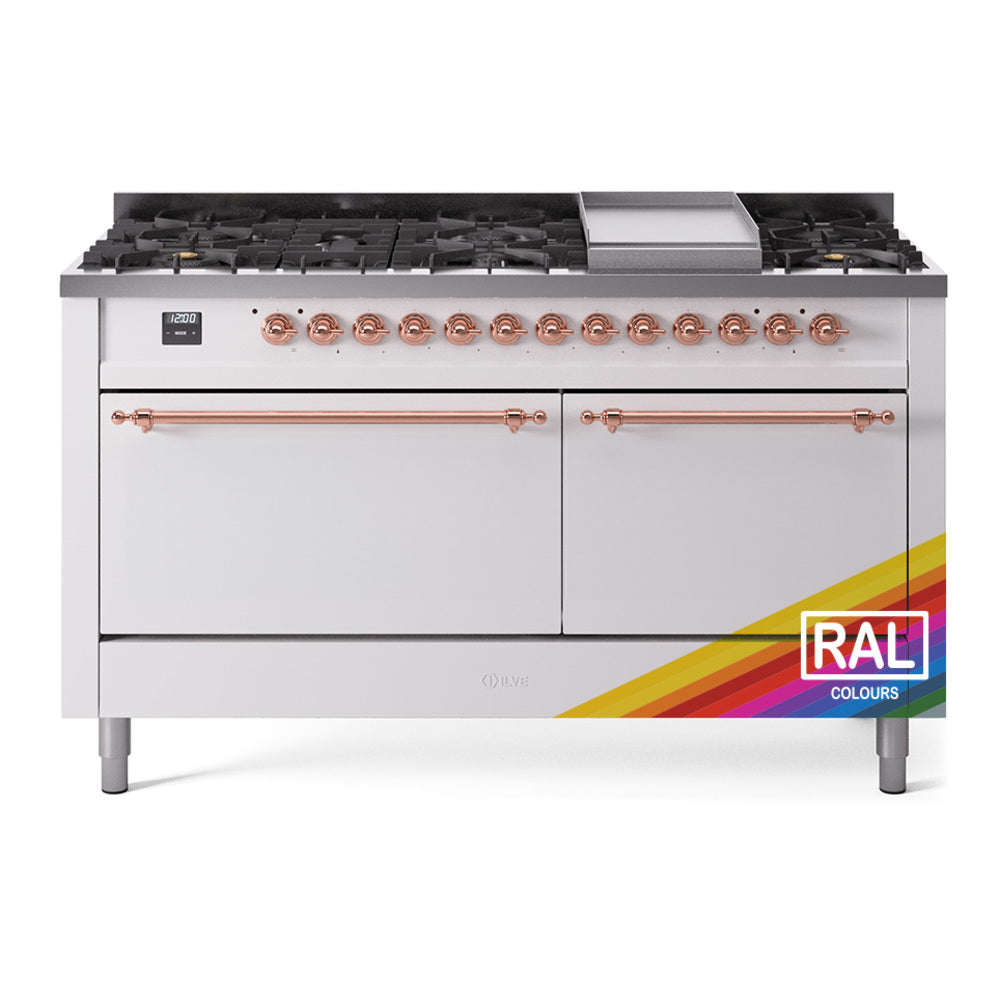 ILVE Nostalgie II 60-Inch Propane Dual Fuel Range, 9 Burners, Griddle, Solid Door Oven, Custom RAL with Copper Trim (UP60FQNMPRAPLP)
