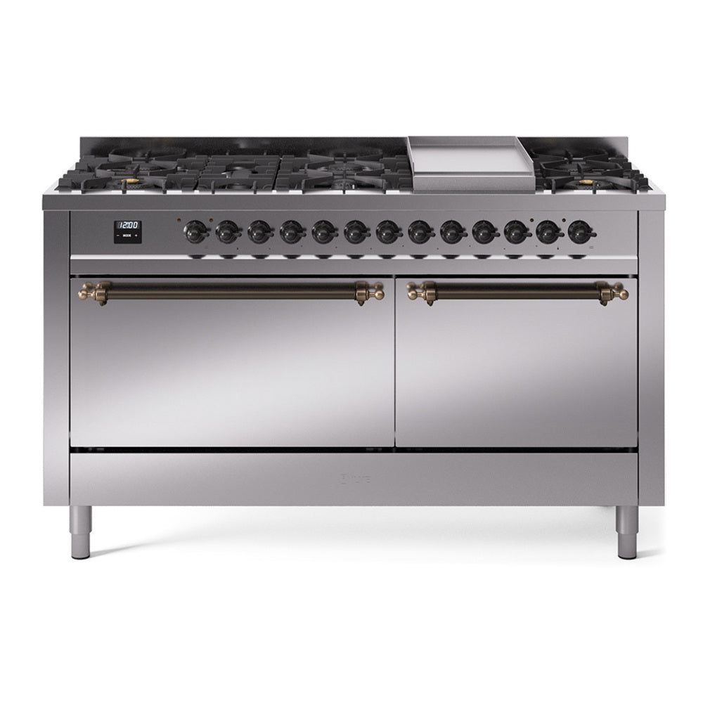 ILVE Nostalgie II 60-Inch Natural Gas Dual Fuel Range, 9 Burners, Griddle, Stainless Steel with Burnished Bronze Trim (UP60FQNMPSSB)