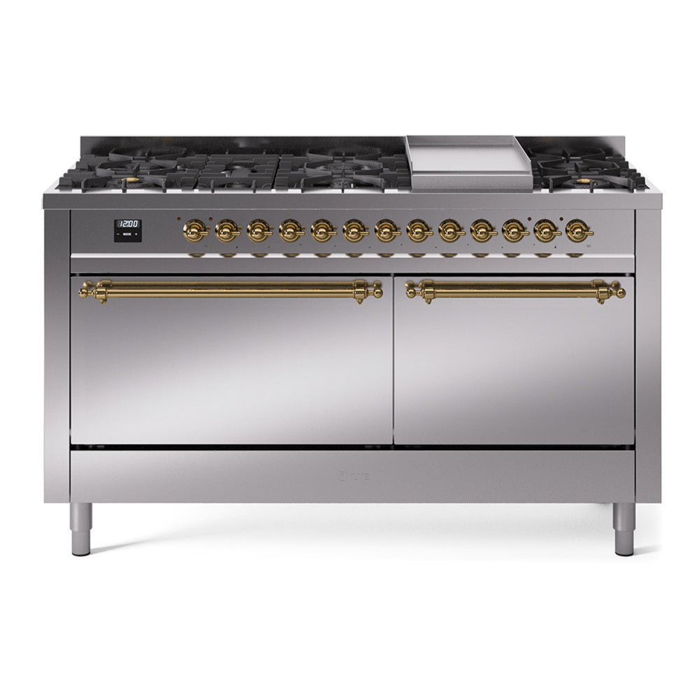 ILVE Nostalgie II 60-Inch Propane Dual Fuel Range, 9 Burners, Griddle, Solid Door Oven, Stainless Steel with Brass Trim (UP60FQNMPSSGLP)