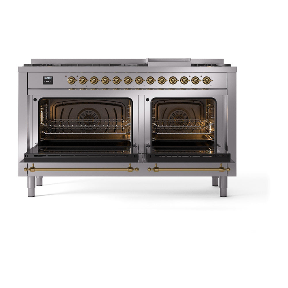ILVE Nostalgie II 60-Inch Natural Gas Dual Fuel Range, 9 Burners, Griddle, Solid Door, Stainless Steel with Brass Trim (UP60FQNMPSSG)