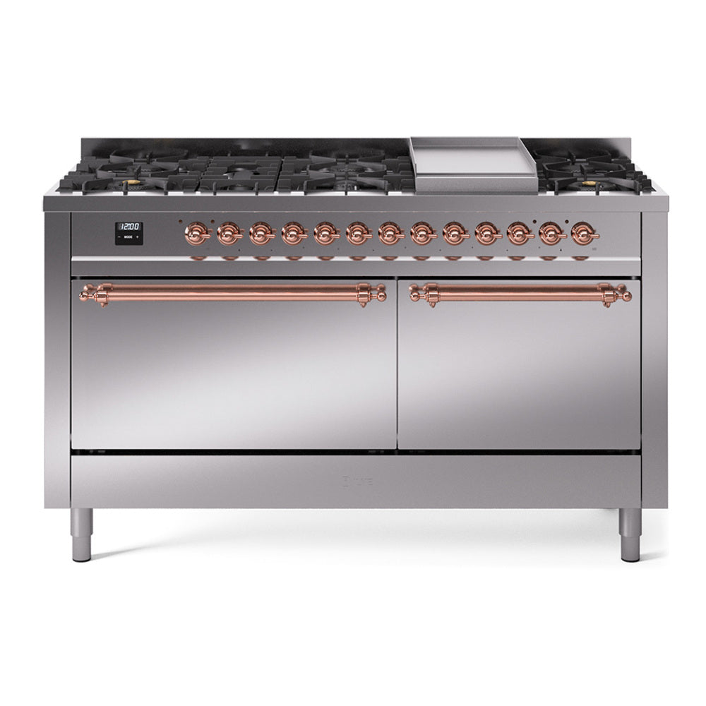 ILVE Nostalgie II 60-Inch Natural Gas Dual Fuel Range, 9 Burners, Griddle, Solid Door, Stainless Steel with Copper Trim (UP60FQNMPSSP)