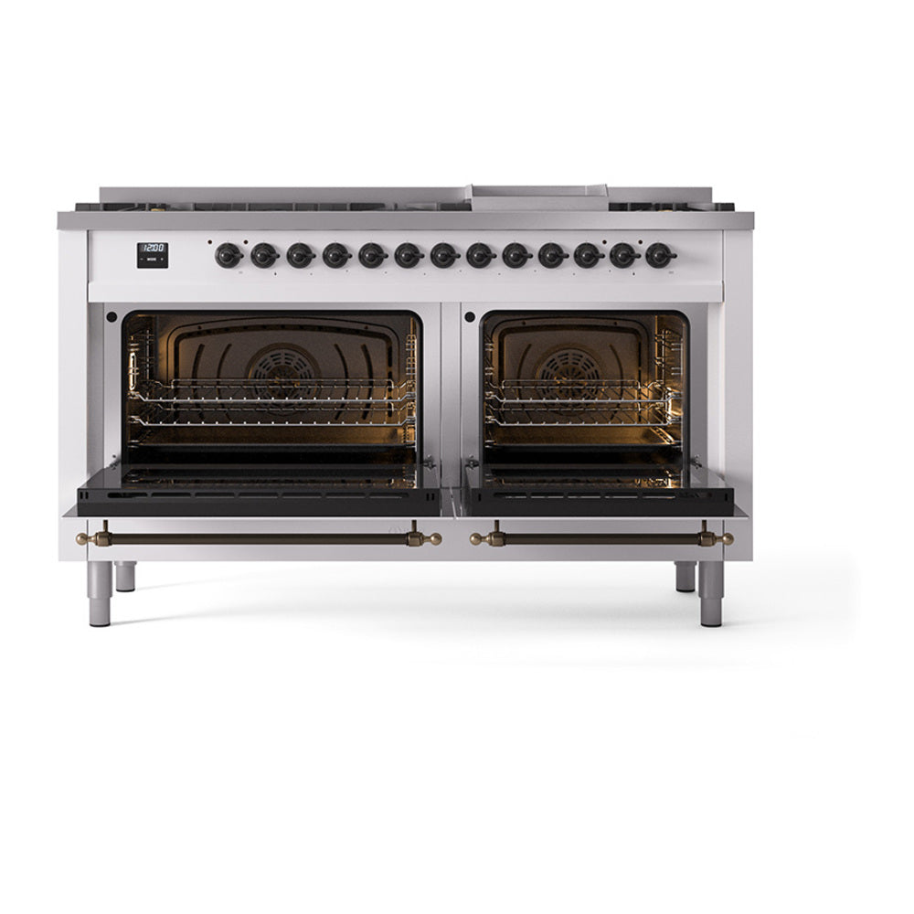 ILVE Nostalgie II 60-Inch Propane Dual Fuel Range, 9 Burners, Griddle, Solid Door Oven, White with Burnished Bronze Trim (UP60FQNMPWHBLP)