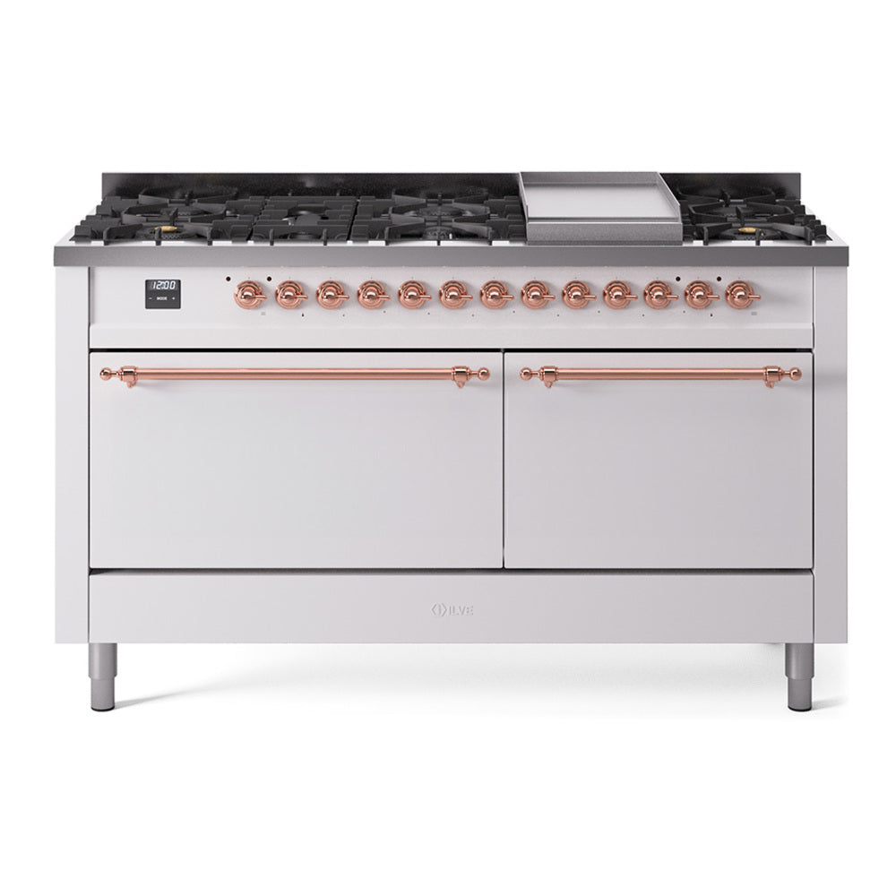 ILVE Nostalgie II 60-Inch Propane Dual Fuel Range, 9 Burners, Griddle, Solid Door Oven, White with Copper Trim (UP60FQNMPWHPLP)