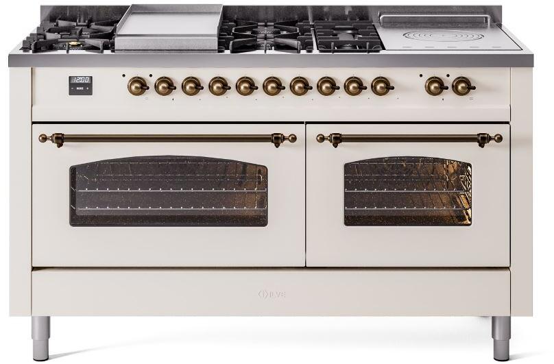 ILVE Nostalgie II 60-Inch Dual Fuel Range with 7 Burners, Griddle, & French Top with Triple Glass Door Oven in Antique White with Burnished Bronze Trim (UP60FSNMPAWB)