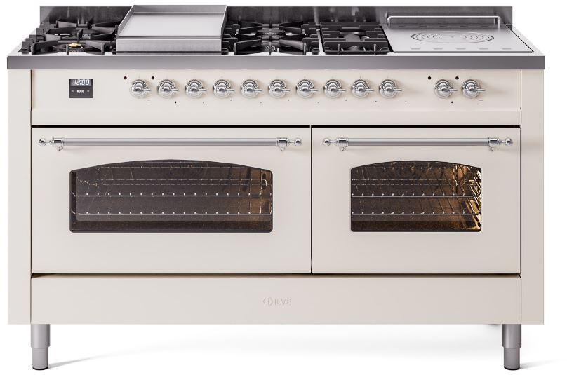 ILVE Nostalgie II 60-Inch Propane Dual Fuel Range, 7 Burners, Griddle, French Top, Triple Glass Door, Antique White with Chrome Trim (UP60FSNMPAWCLP)