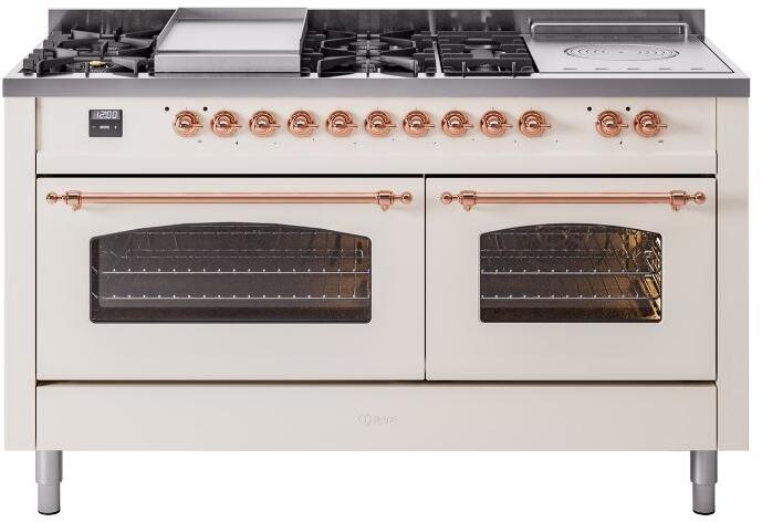 ILVE Nostalgie II 60-Inch Propane Gas Dual Fuel Range with 7 Burners, Griddle, & French Top with Triple Glass Door Oven in Antique White with Copper Trim (UP60FSNMPAWPLP)