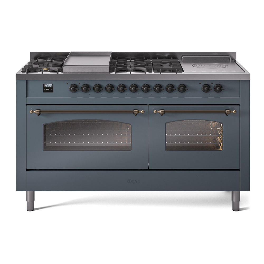 ILVE Nostalgie II 60-Inch Propane Dual Fuel Range, 7 Burners, Griddle, French Top, Blue Grey with Burnished Bronze Trim (UP60FSNMPBGBLP)