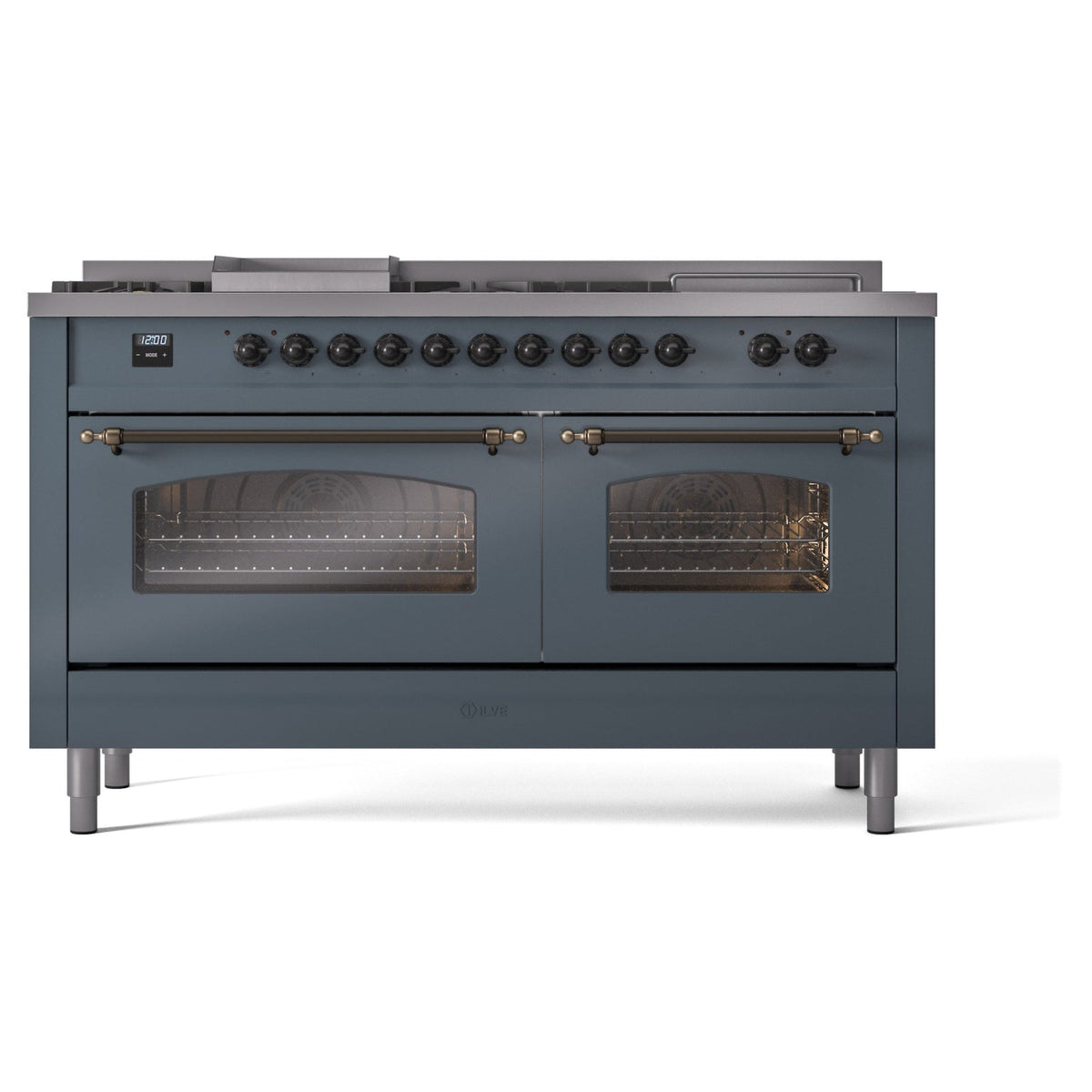 ILVE Nostalgie II 60-Inch NG Dual Fuel Range, 7 Burners, Griddle, French Top, Triple Glass Door, Blue Grey with Burnished Bronze Trim (UP60FSNMPBGB)