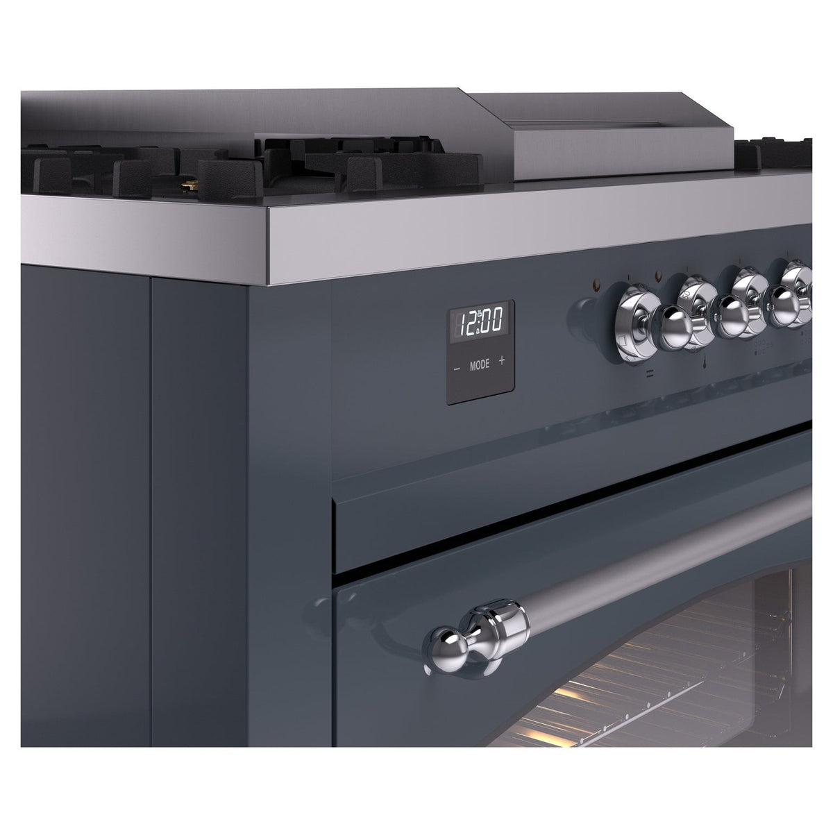 ILVE Nostalgie II 60-Inch Propane Gas Dual Fuel Range with 7 Burners, Griddle, & French Top with Triple Glass Door Oven in Blue Grey with Chrome Trim (UP60FSNMPBGCLP)