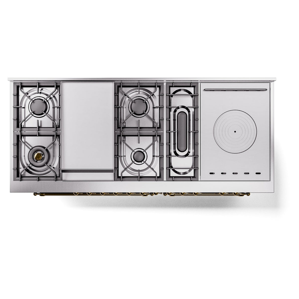 ILVE Nostalgie II 60-Inch Natural Gas Dual Fuel Range with 7 Burners, Griddle, & French Top with Triple Glass Door Oven in Blue Grey with Brass Trim (UP60FSNMPBGG)