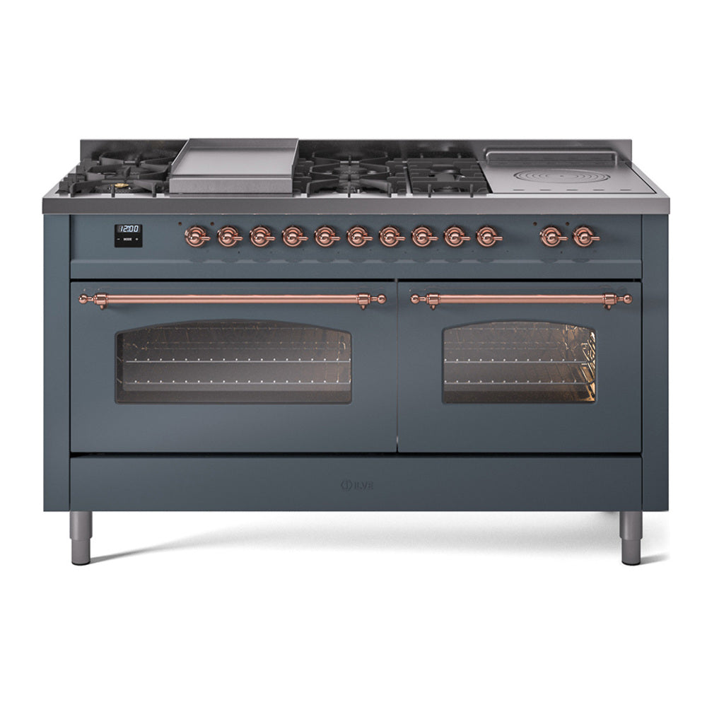 ILVE Nostalgie II 60-Inch Propane Gas Dual Fuel Range with 7 Burners, Griddle, & French Top with Triple Glass Door Oven in Blue Grey with Copper Trim (UP60FSNMPBGPLP)