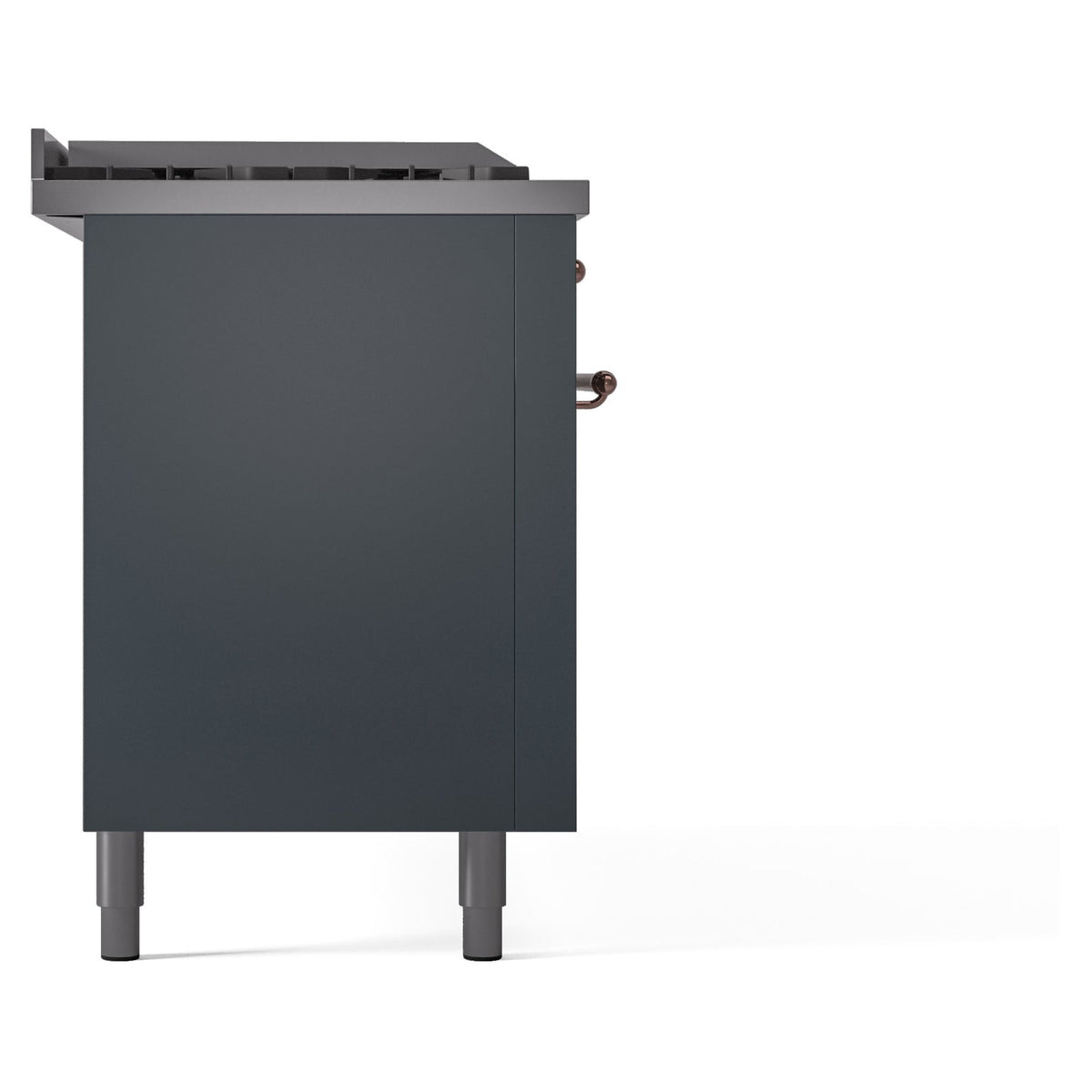 ILVE Nostalgie II 60-Inch Natural Gas Dual Fuel Range with 7 Burners, Griddle, & French Top with Triple Glass Door Oven in Blue Grey with Copper Trim (UP60FSNMPBGP)