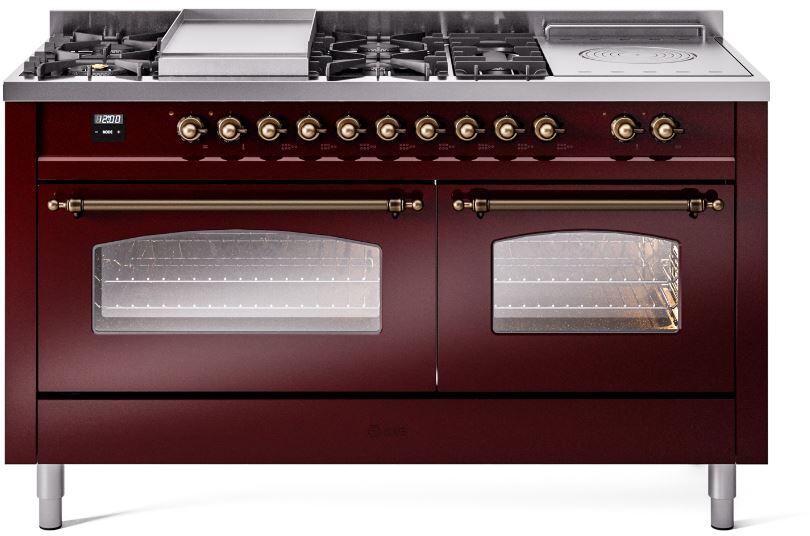 ILVE Nostalgie II 60-Inch Propane Dual Fuel Range, 7 Burners, Griddle, French Top, Burgundy with Burnished Bronze Trim (UP60FSNMPBUBLP)