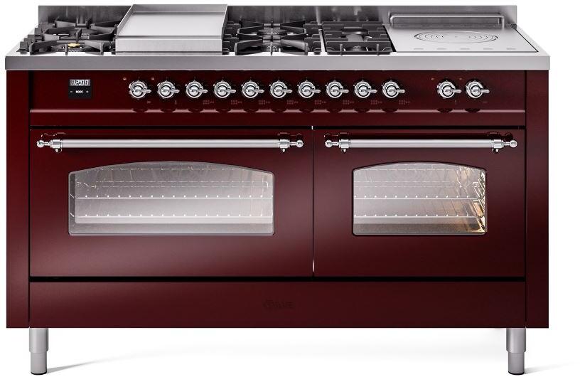 ILVE Nostalgie II 60-Inch Propane Dual Fuel Range, 7 Burners, Griddle, French Top, Triple Glass Door, Burgundy with Chrome Trim (UP60FSNMPBUCLP)