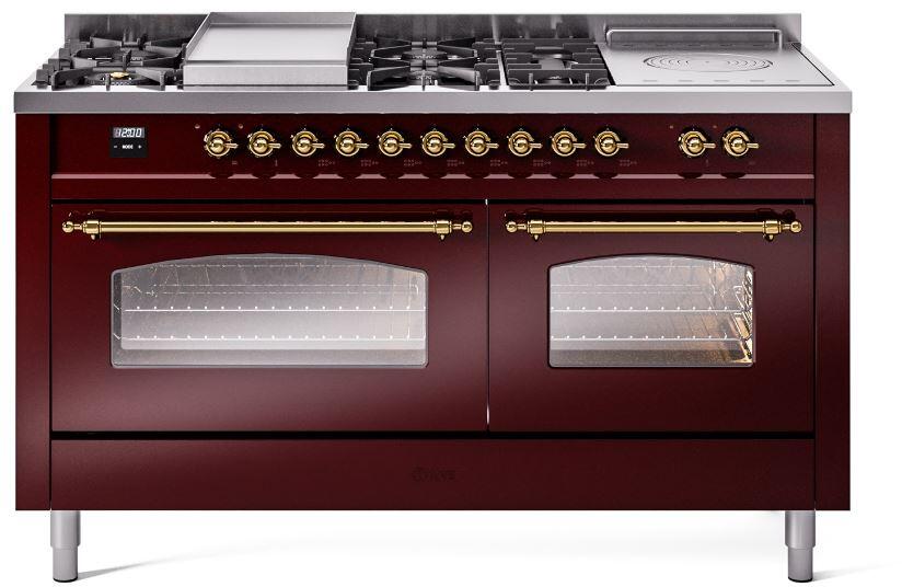 ILVE Nostalgie II 60-Inch Dual Fuel Range, 7 Burners, Griddle, French Top, Triple Glass Door, Burgundy with Brass Trim (UP60FSNMPBUG)