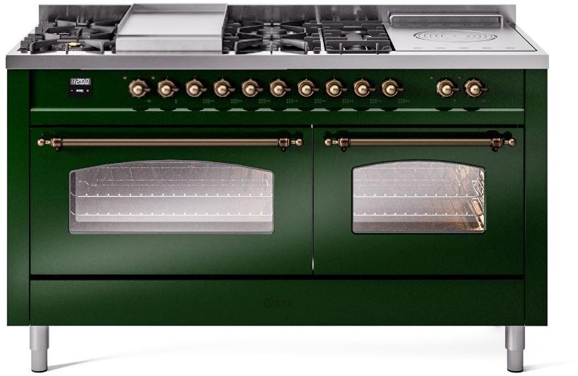ILVE Nostalgie II 60-inch Propane Gas Dual Fuel Range with 7 Burners, Griddle, & French Top with Triple Glass Door Oven in Emerald Green with Burnished Bronze Trim (UP60FSNMPEGBLP)