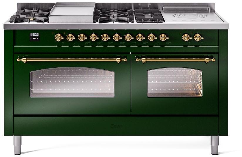 ILVE Nostalgie II 60-Inch Propane Gas Dual Fuel Range with 7 Burners, Griddle, & French Top with Triple Glass Door Oven in Emerald Green with Brass Trim (UP60FSNMPEGGLP)